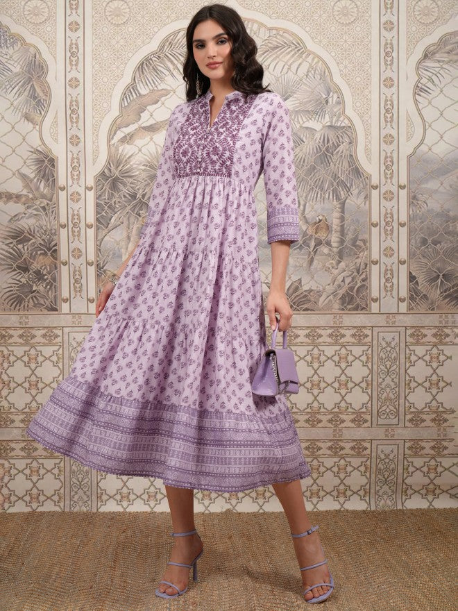 Vishudh Women Purple Printed A-Line Dress - Purple - Image 1