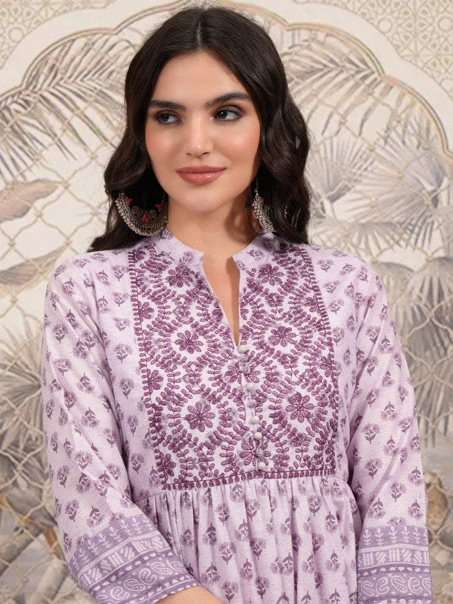 Vishudh Women Purple Printed A-Line Dress - Purple - Image 2