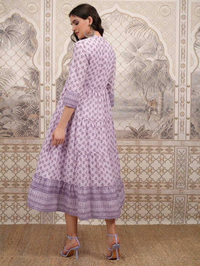 Vishudh Women Purple Printed A-Line Dress - Purple - Image 3