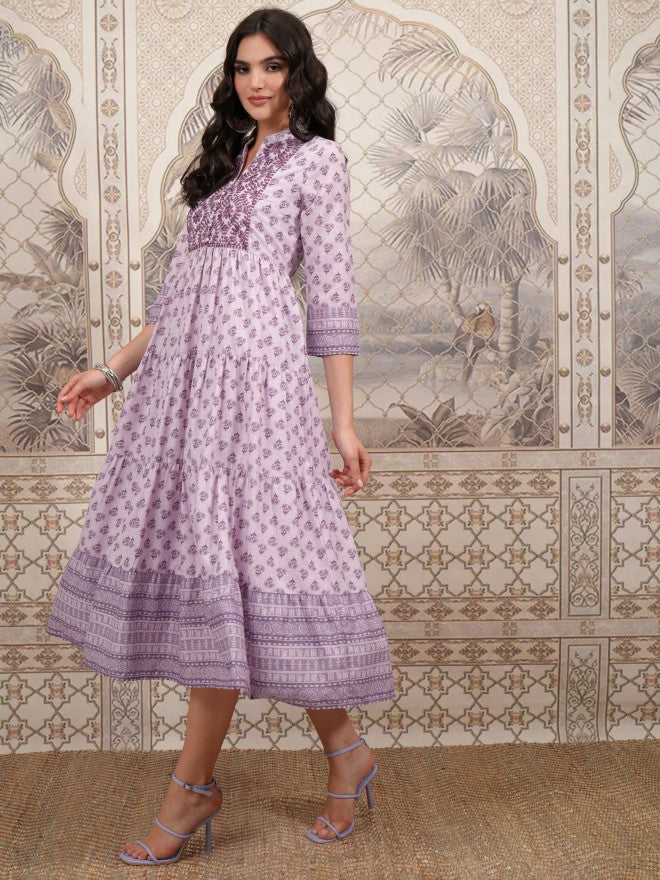 Vishudh Women Purple Printed A-Line Dress - Purple - Image 4