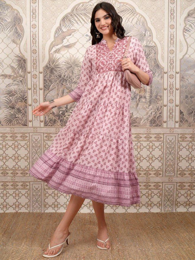 Vishudh Women Pink Printed A-Line Dress - Pink - Image 1