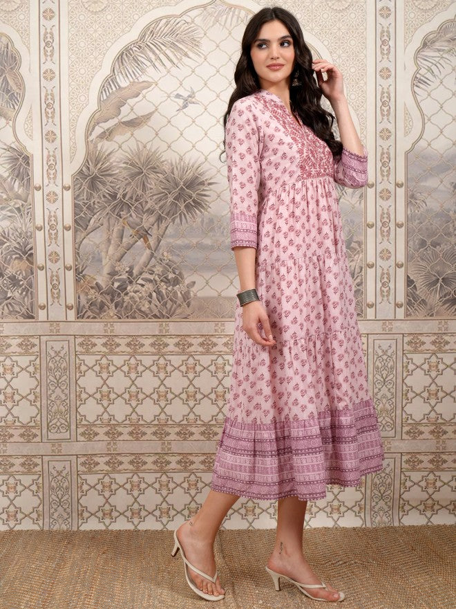 Vishudh Women Pink Printed A-Line Dress - Pink - Image 4