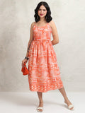 Tokyo Talkies Women Peach Printed Fit and Flare Dress - Peach - Image 1