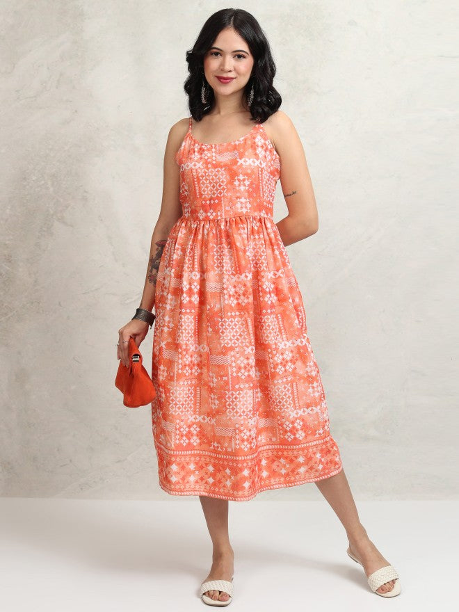 Tokyo Talkies Women Peach Printed Fit and Flare Dress - Peach - Image 1
