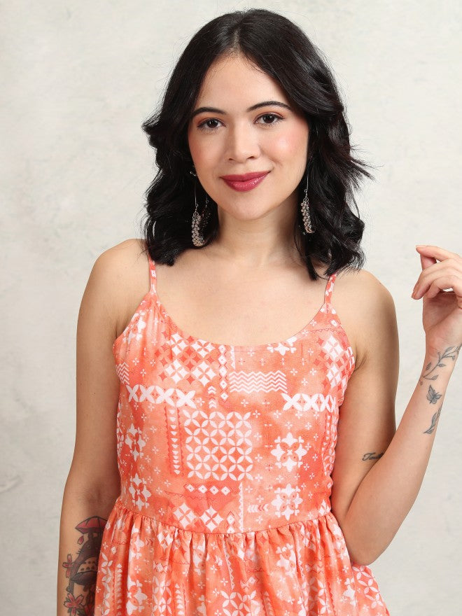Tokyo Talkies Women Peach Printed Fit and Flare Dress - Peach - Image 2