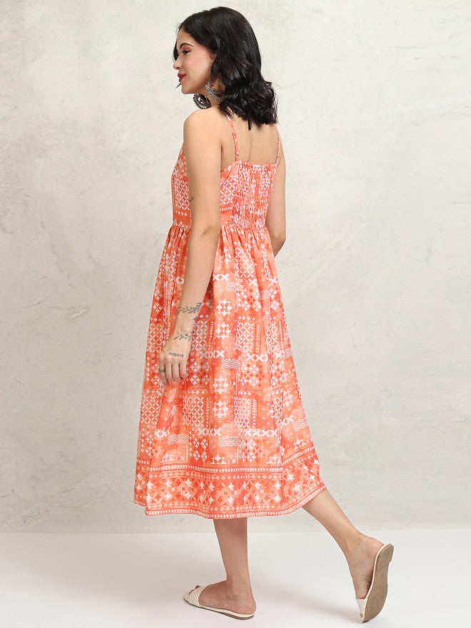 Tokyo Talkies Women Peach Printed Fit and Flare Dress - Peach - Image 3