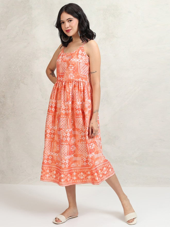 Tokyo Talkies Women Peach Printed Fit and Flare Dress - Peach - Image 4