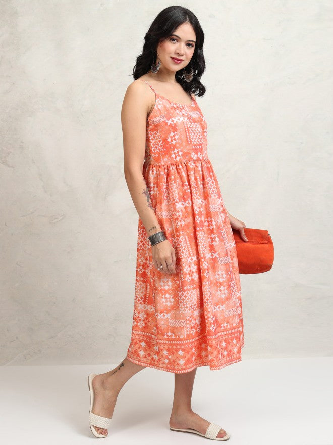 Tokyo Talkies Women Peach Printed Fit and Flare Dress - Peach - Image 6