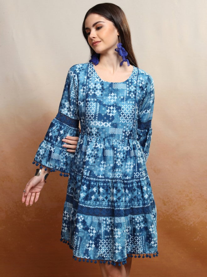 Vishudh Women Navy Blue Printed A-Line Dress - Navy Blue - Image 1