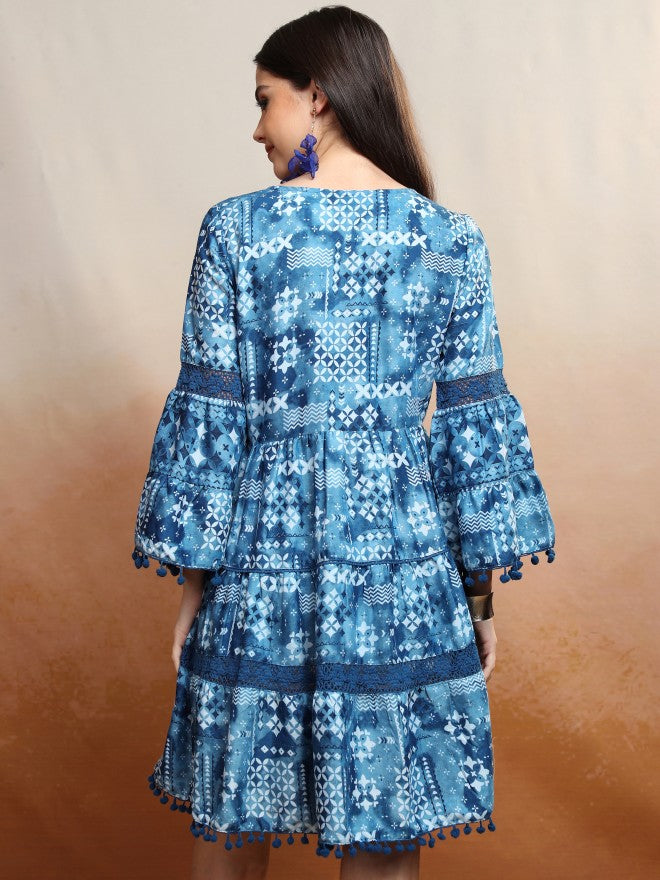 Vishudh Women Navy Blue Printed A-Line Dress - Navy Blue - Image 3
