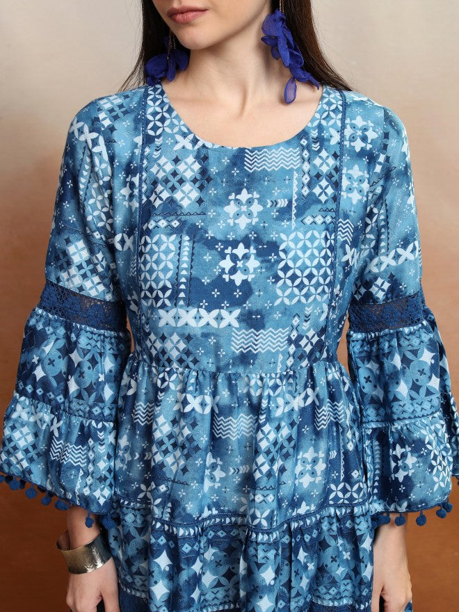Vishudh Women Navy Blue Printed A-Line Dress - Navy Blue - Image 5