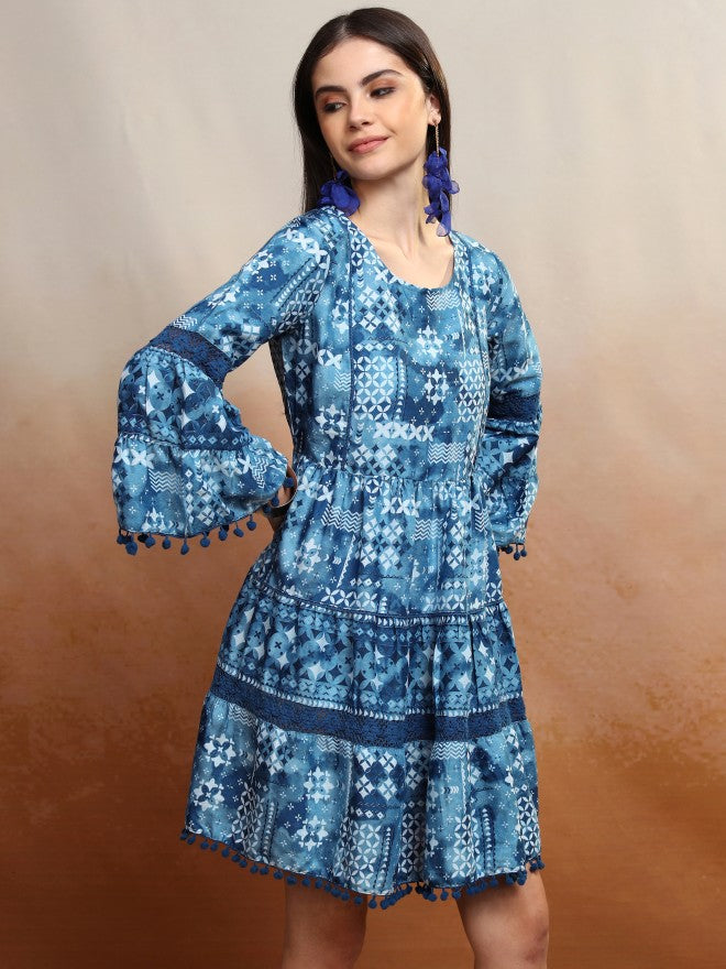 Vishudh Women Navy Blue Printed A-Line Dress - Navy Blue - Image 6