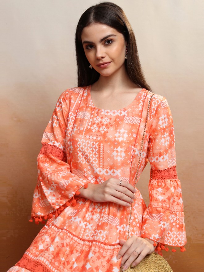 Vishudh Women Peach Printed Fit and Flare Dress - Orange - Image 1