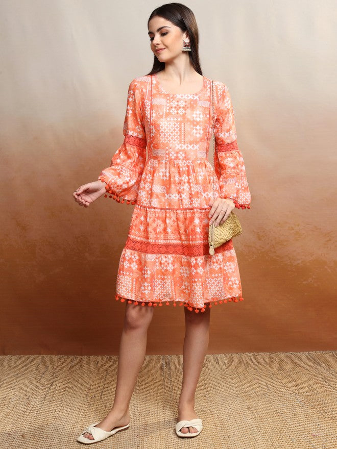 Vishudh Women Peach Printed Fit and Flare Dress - Orange - Image 2