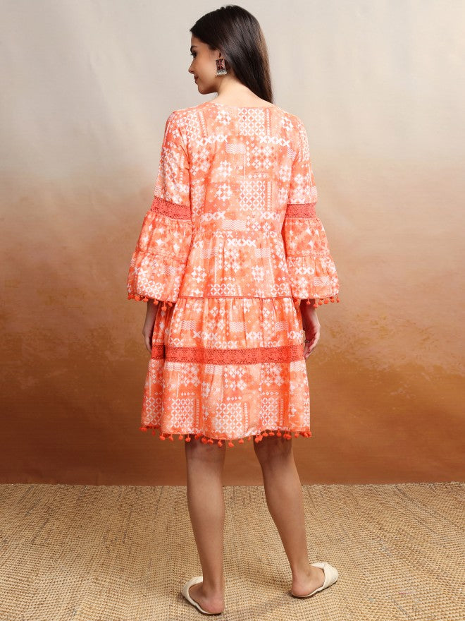 Vishudh Women Peach Printed Fit and Flare Dress - Orange - Image 3