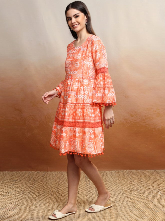 Vishudh Women Peach Printed Fit and Flare Dress - Orange - Image 4