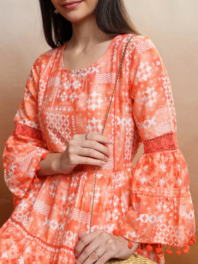 Vishudh Women Peach Printed Fit and Flare Dress - Orange - Image 5