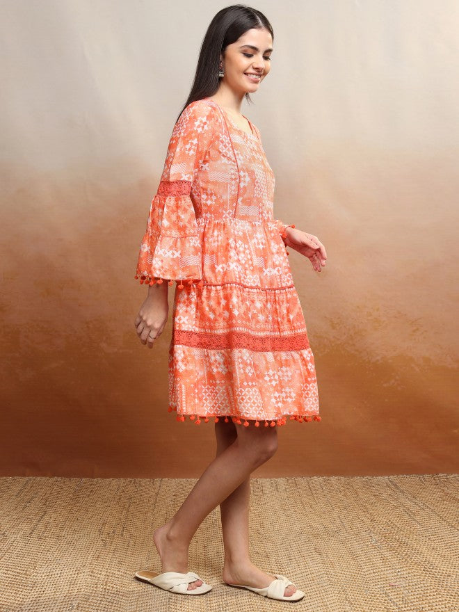 Vishudh Women Peach Printed Fit and Flare Dress - Orange - Image 6