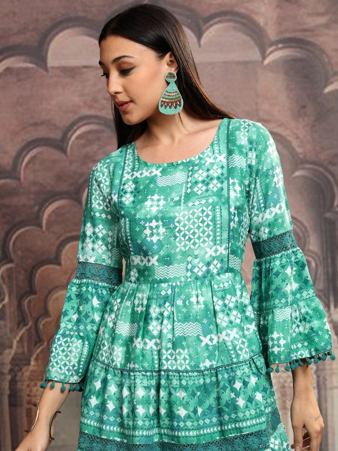 Vishudh Women Green Printed Fit and Flare Dress - Green - Image 1