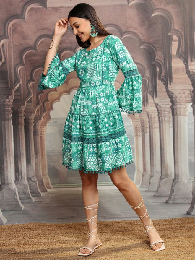Vishudh Women Green Printed Fit and Flare Dress - Green - Image 2