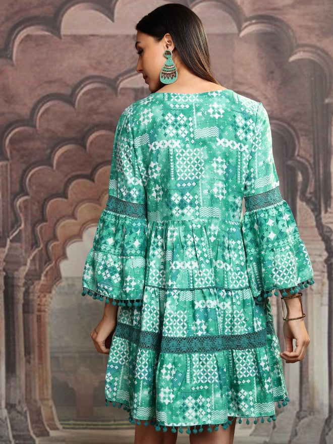 Vishudh Women Green Printed Fit and Flare Dress - Green - Image 3