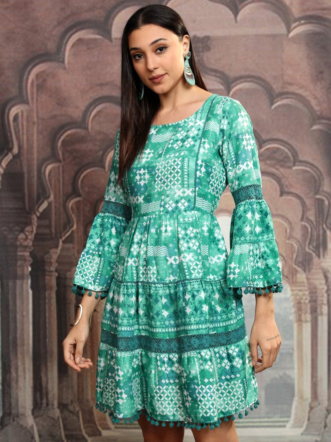 Vishudh Women Green Printed Fit and Flare Dress - Green - Image 4