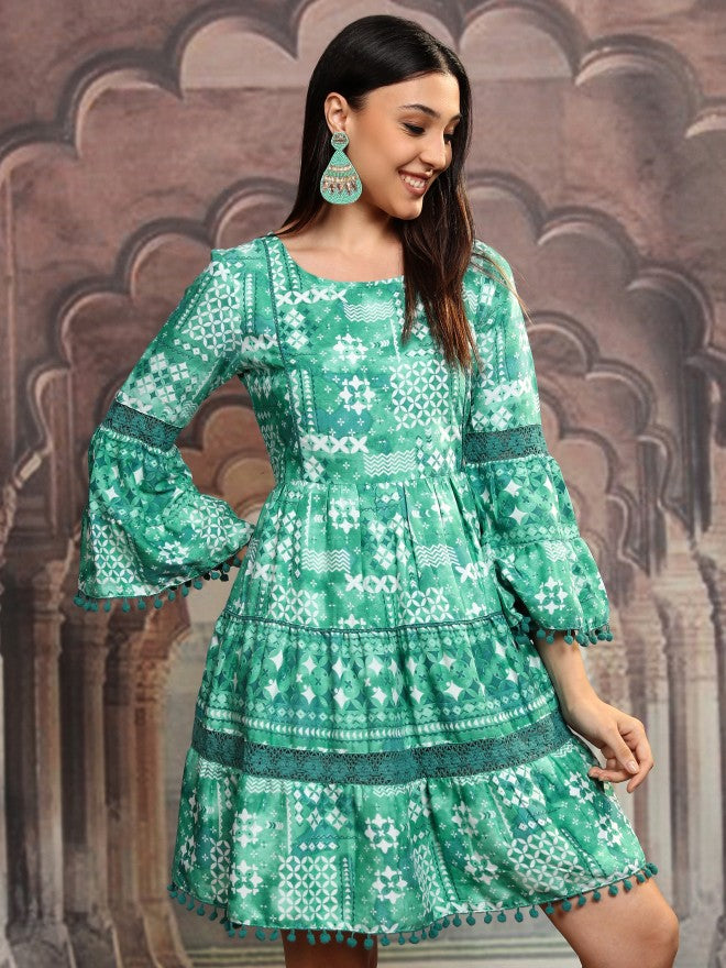 Vishudh Women Green Printed Fit and Flare Dress - Green - Image 6