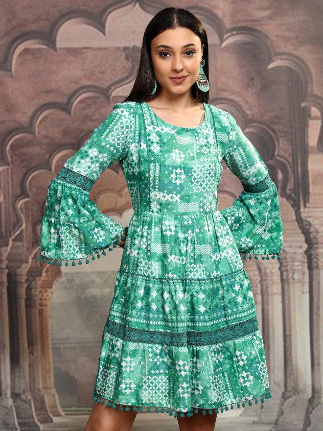 Vishudh Women Green Printed Fit and Flare Dress - Green - Image 7