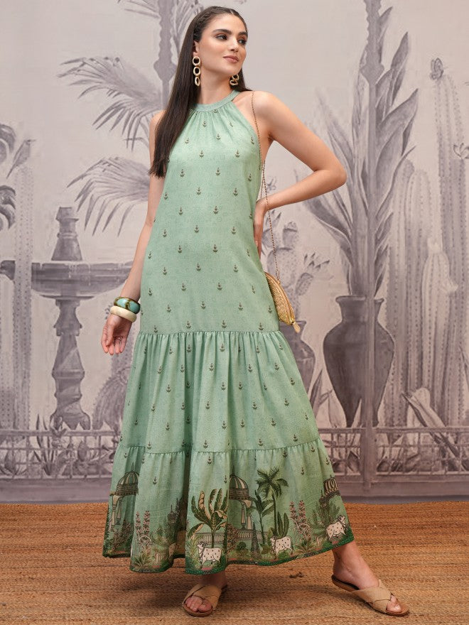 Vishudh Women Green Printed Maxi Dress - Green - Image 1