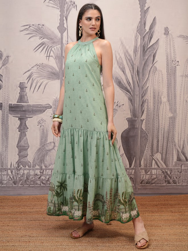 Vishudh Women Green Printed Maxi Dress - Green - Image 2