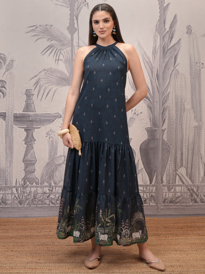 Vishudh Women Navy Blue Printed Maxi Dress - Navy Blue - Image 1