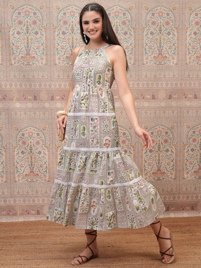 Vishudh Women White Printed Maxi Dress - White - Image 1
