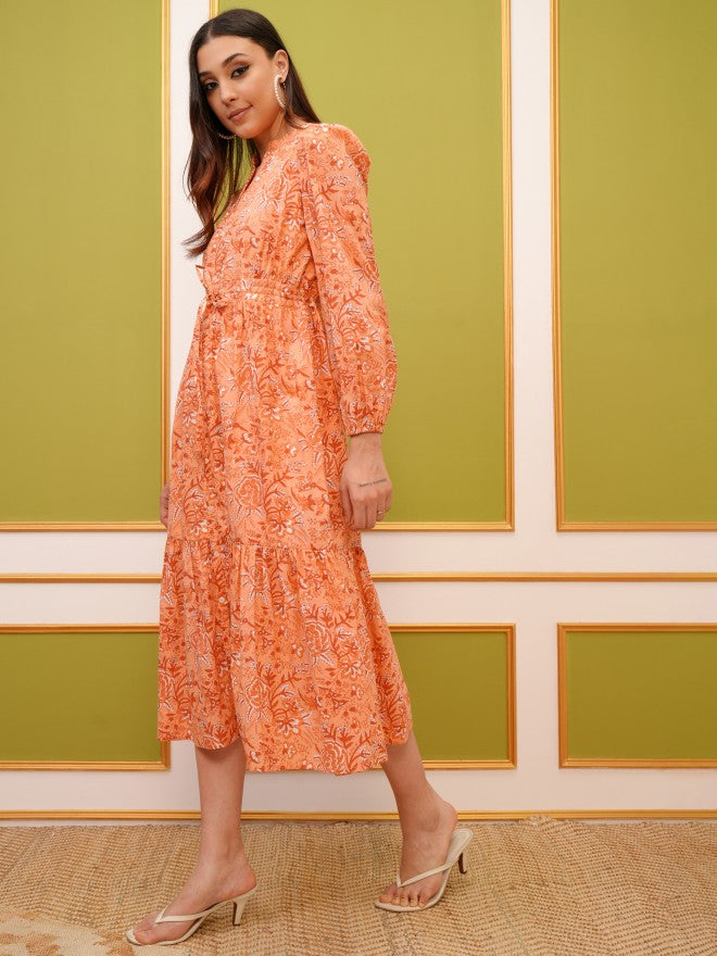 Vishudh Women Peach Printed Fit And Flare Dress - Peach - Image 4