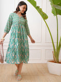 Vishudh Women Green Printed Fit and Flare Dress - Green - Image 1