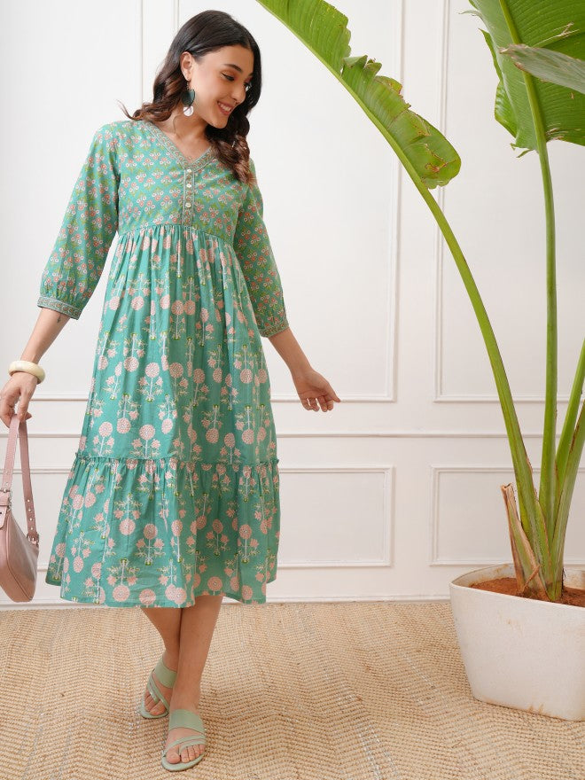 Vishudh Women Green Printed Fit and Flare Dress - Green - Image 1
