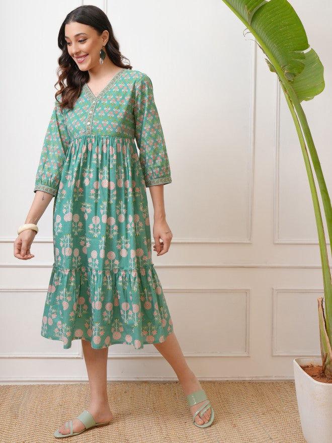 Vishudh Women Green Printed Fit and Flare Dress - Green - Image 2