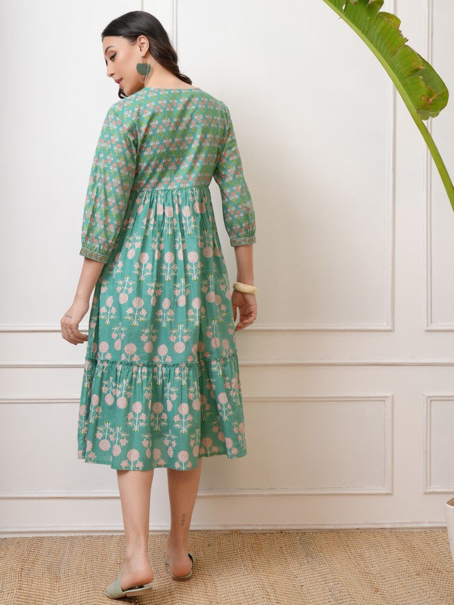 Vishudh Women Green Printed Fit and Flare Dress - Green - Image 3