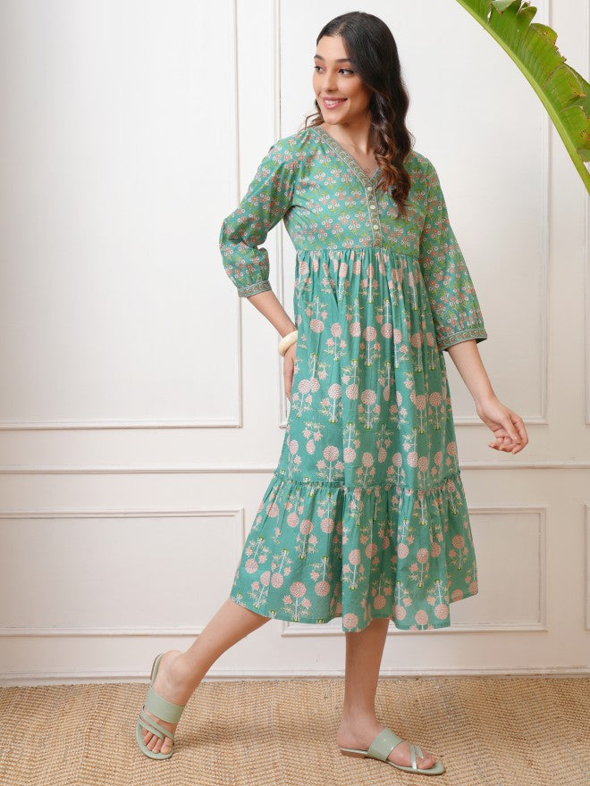 Vishudh Women Green Printed Fit and Flare Dress - Green - Image 4