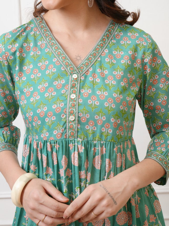 Vishudh Women Green Printed Fit and Flare Dress - Green - Image 5