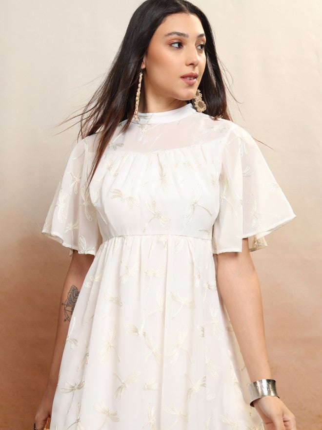 Vishudh Women White Embroidered A-Line Dress - White - Image 1