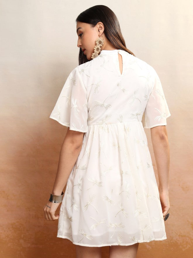 Vishudh Women White Embroidered A-Line Dress - White - Image 3