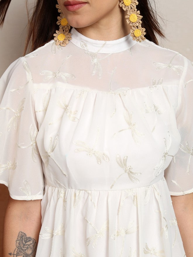 Vishudh Women White Embroidered A-Line Dress - White - Image 5