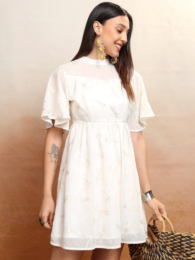 Vishudh Women White Embroidered A-Line Dress - White - Image 6