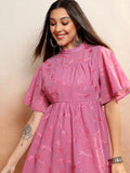 Vishudh Women Rose Embroidered A-Line Dress - Rose - Image 1