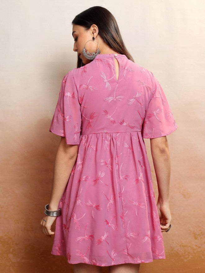 Vishudh Women Rose Embroidered A-Line Dress - Rose - Image 3