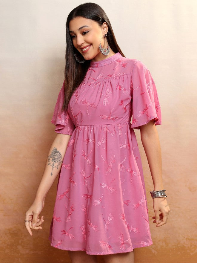 Vishudh Women Rose Embroidered A-Line Dress - Rose - Image 4