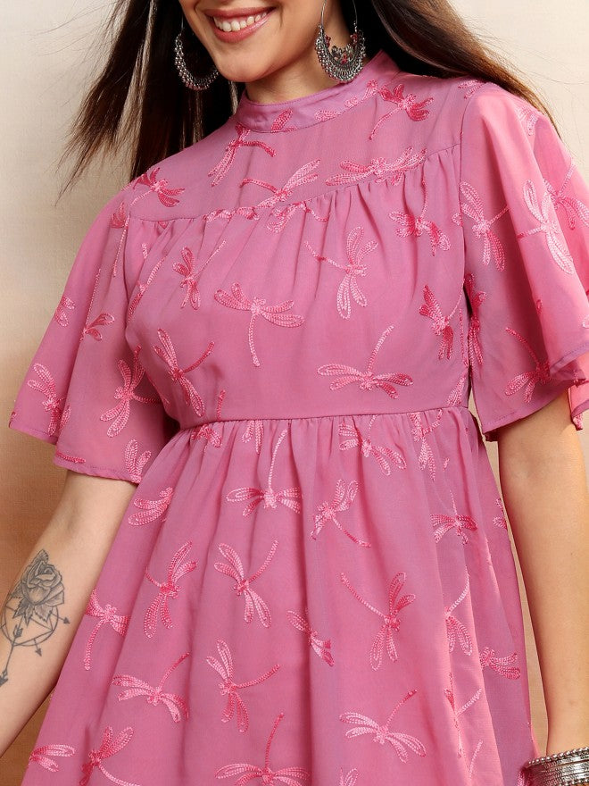 Vishudh Women Rose Embroidered A-Line Dress - Rose - Image 5