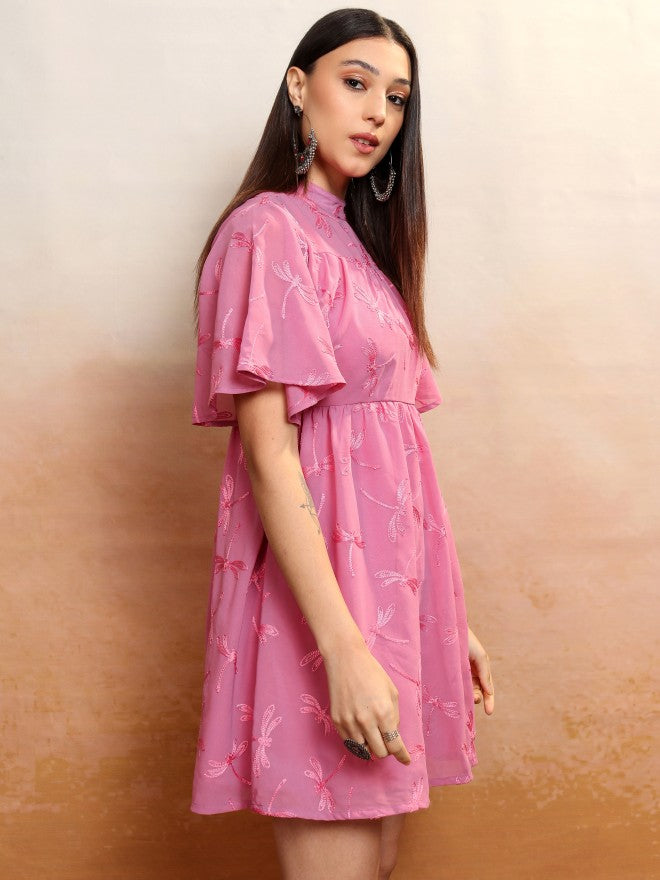 Vishudh Women Rose Embroidered A-Line Dress - Rose - Image 6