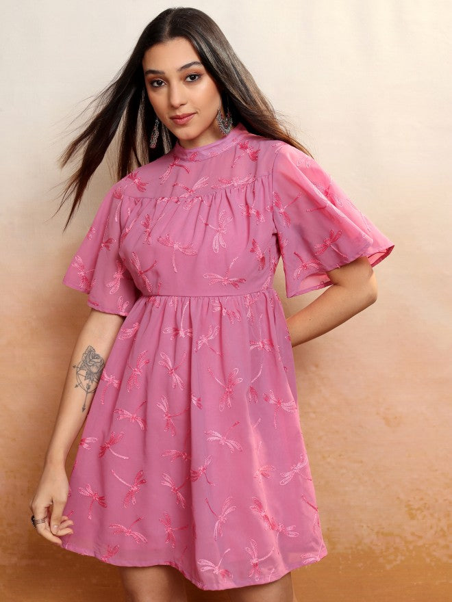 Vishudh Women Rose Embroidered A-Line Dress - Rose - Image 7