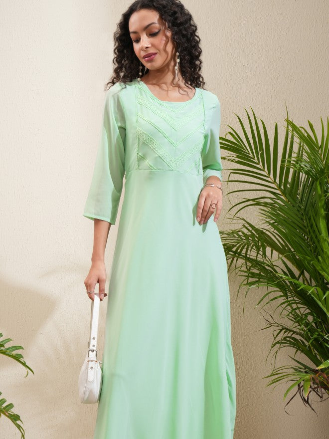 Vishudh Women Sea Green Solid A-Line Dress - Sea Green - Image 1
